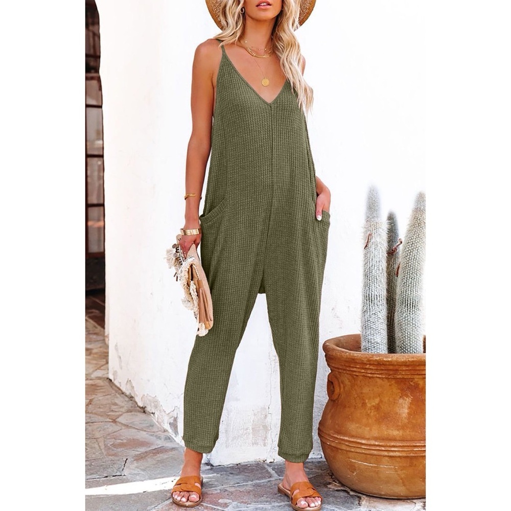 Olive Green Waffle Jumpsuit